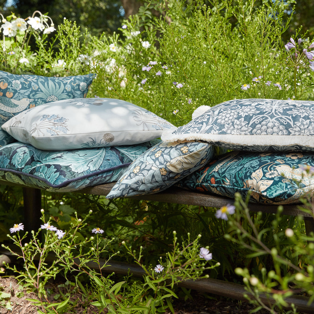 William Morris At Home Lily Flower Embroidered Fabric Woad