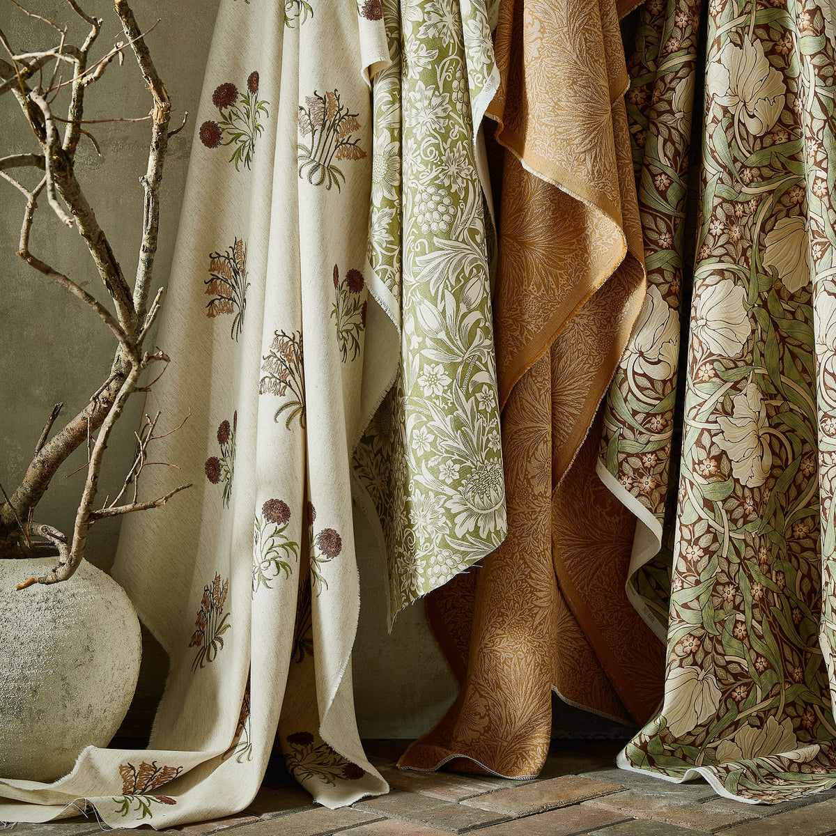 William Morris At Home Lily Flower Embroidered Fabric Madder