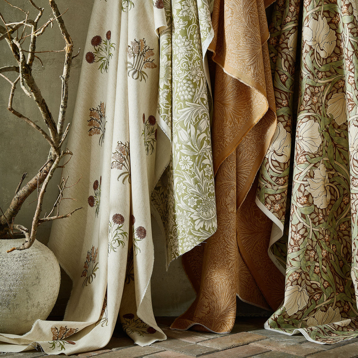 William Morris At Home Lily Flower Embroidered Fabric Madder