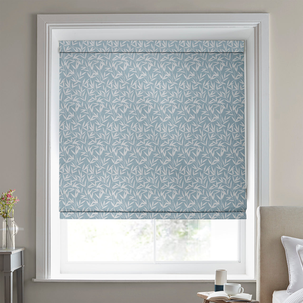Laura Ashley Willow Leaf Chenille Made to Measure Roman Blind Pale Seaspray