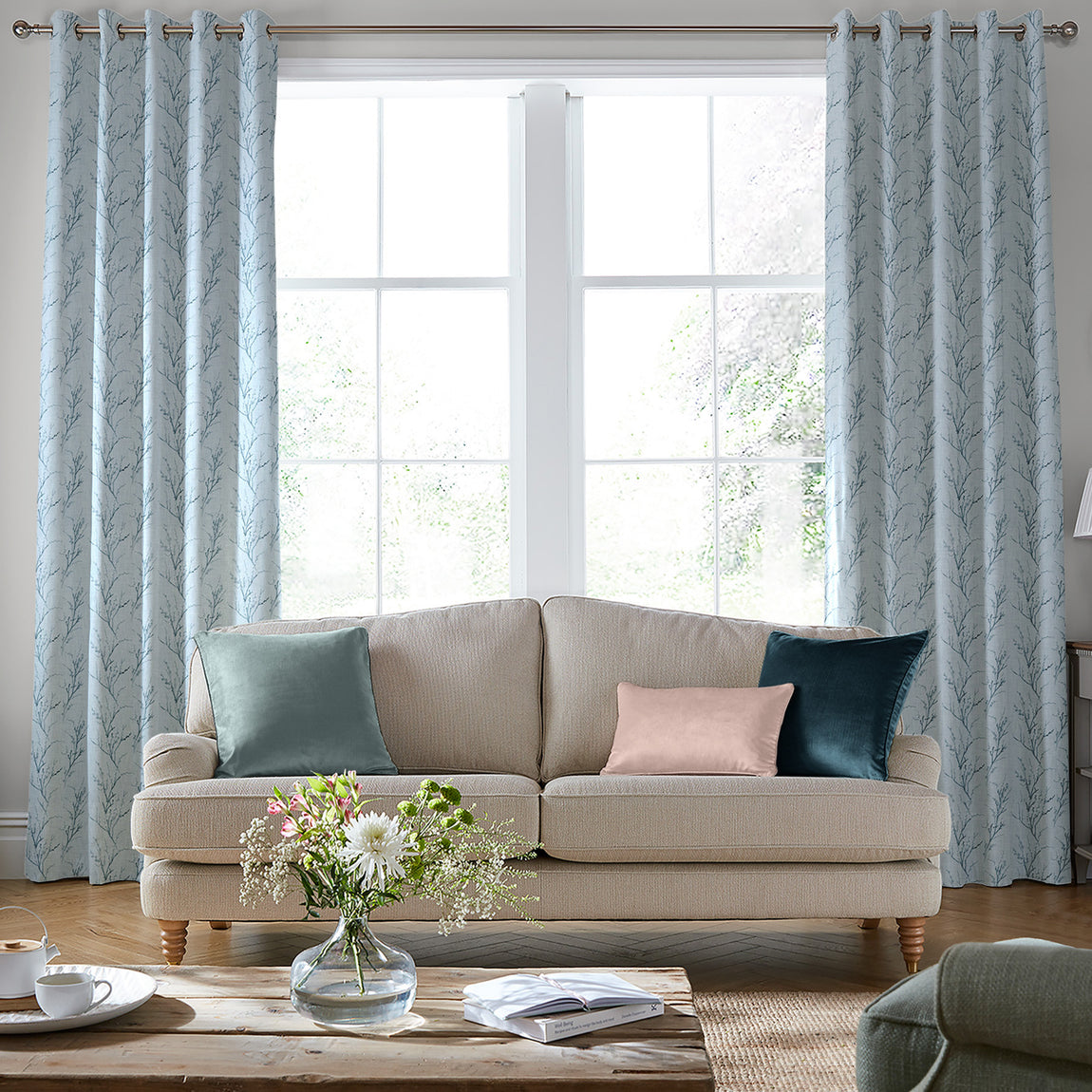 Laura Ashley Pussy Willow Embroidered Made to Measure Curtain Seaspray