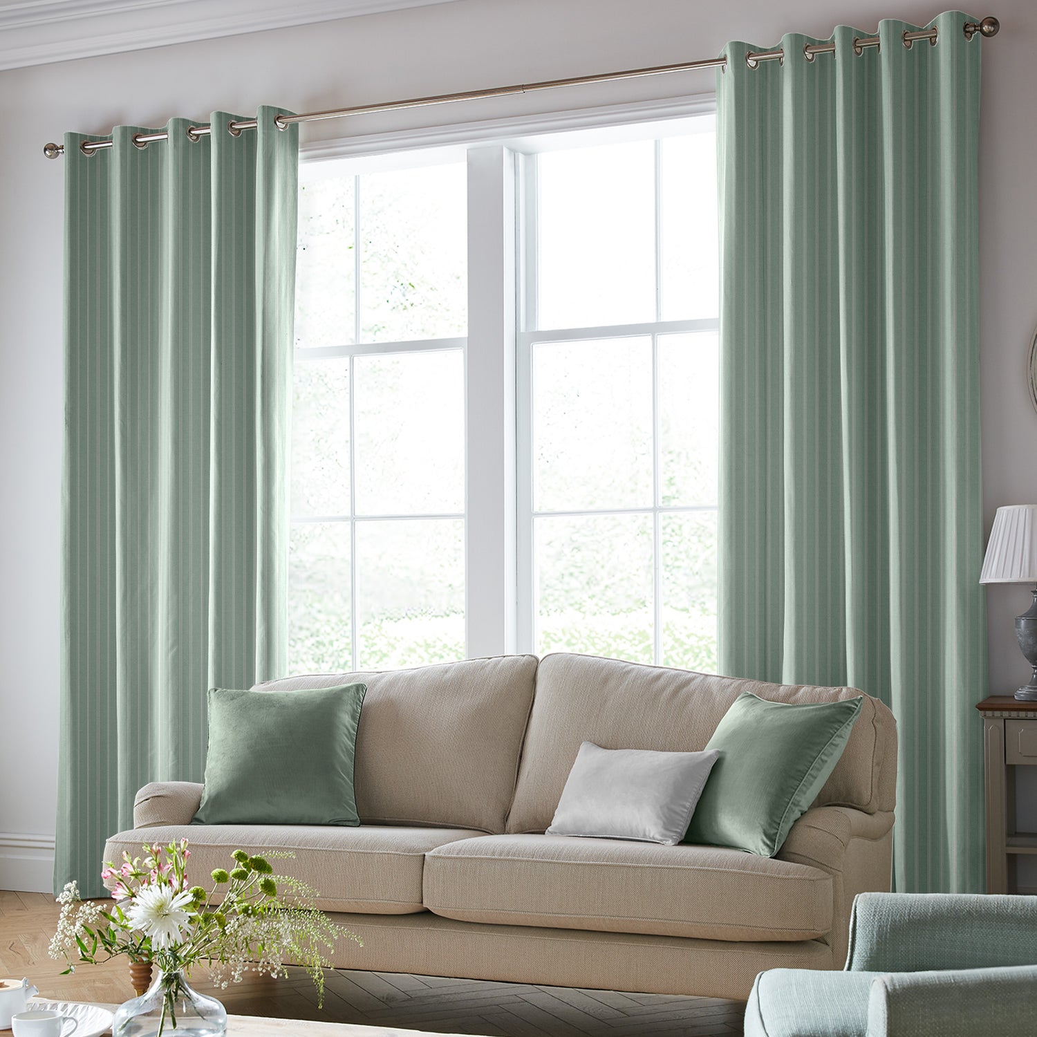 Laura Ashley Burnsall Stripe Made To Measure Curtains Smoke Green