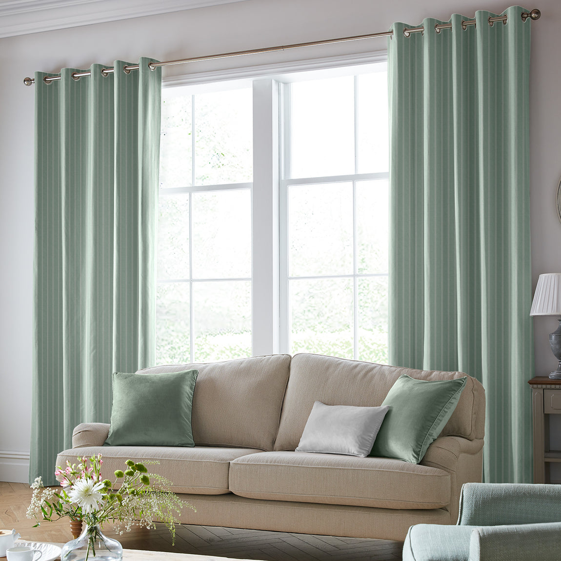 Laura Ashley Burnsall Stripe Made To Measure Curtains Smoke Green