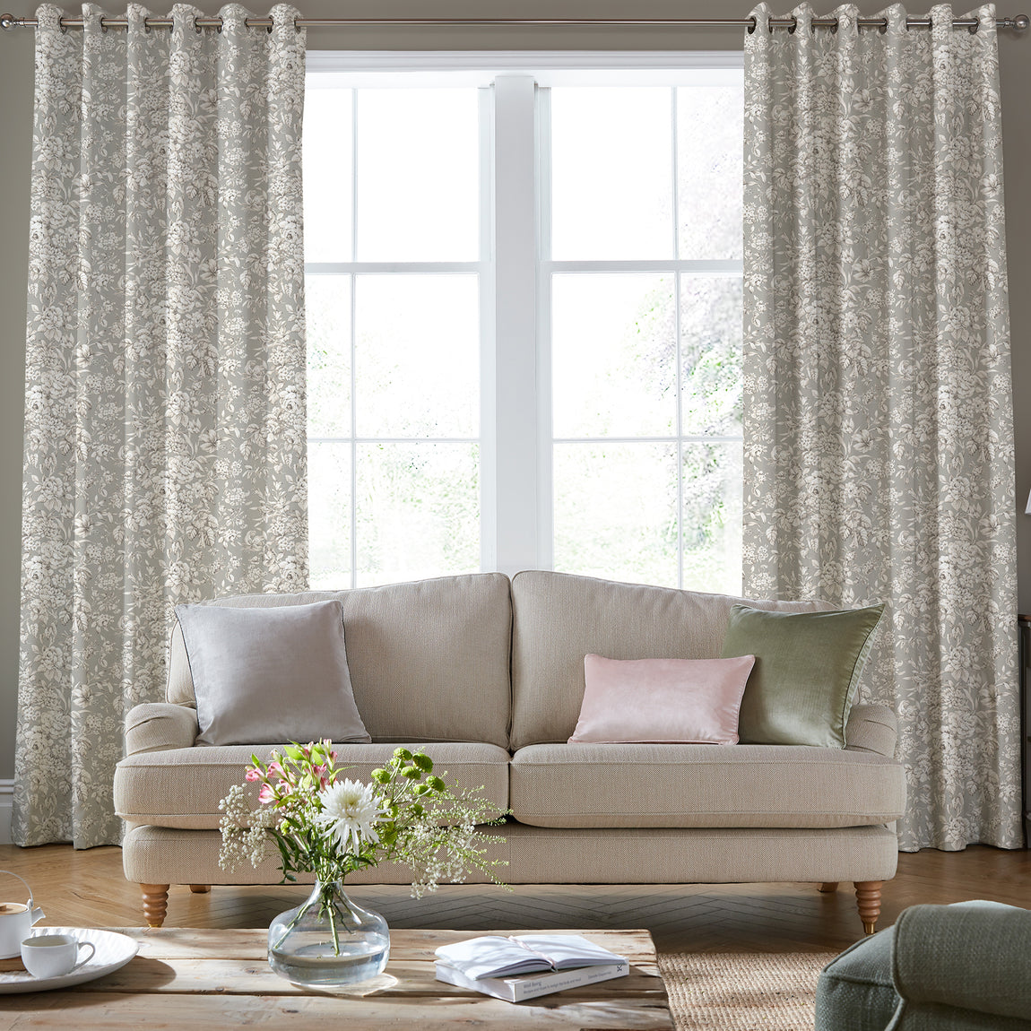 Laura Ashley Heledd Blooms Made to Measure Curtain Dove Grey