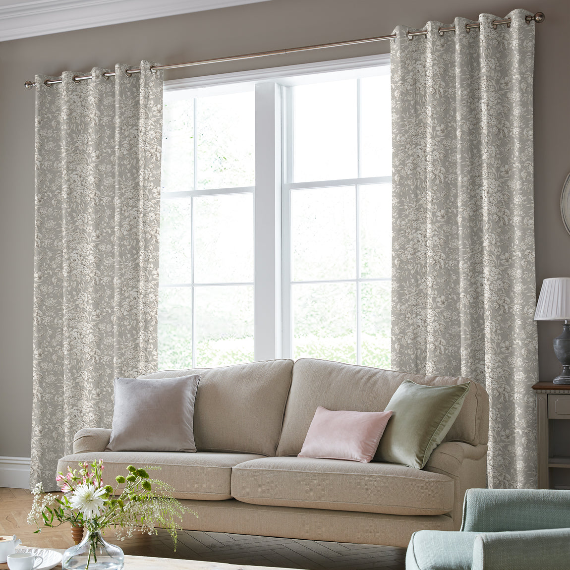 Laura Ashley Heledd Blooms Made to Measure Curtain Dove Grey
