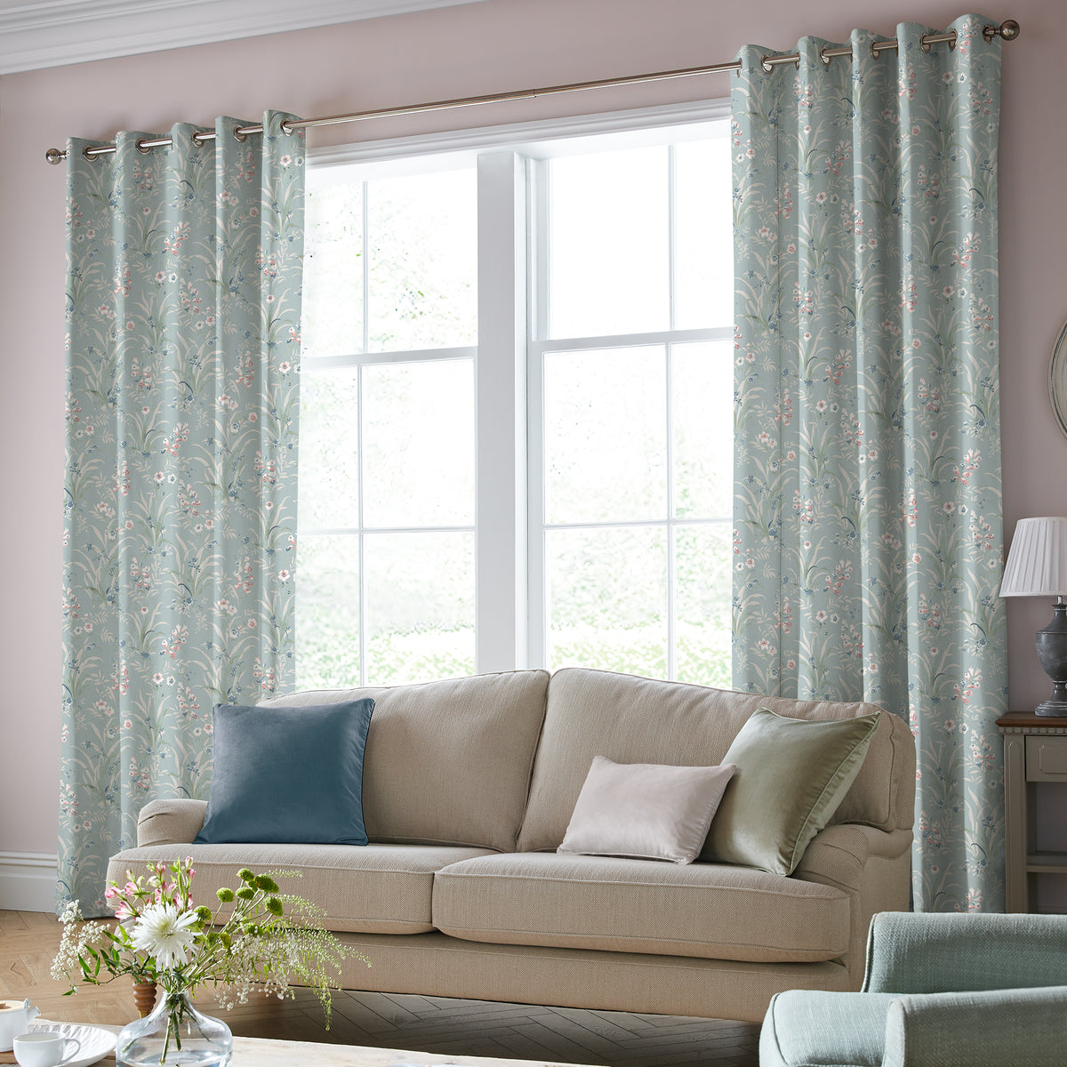 Laura Ashley Mosedale Posy Made to Measure Curtain Dark Duck Egg Blue