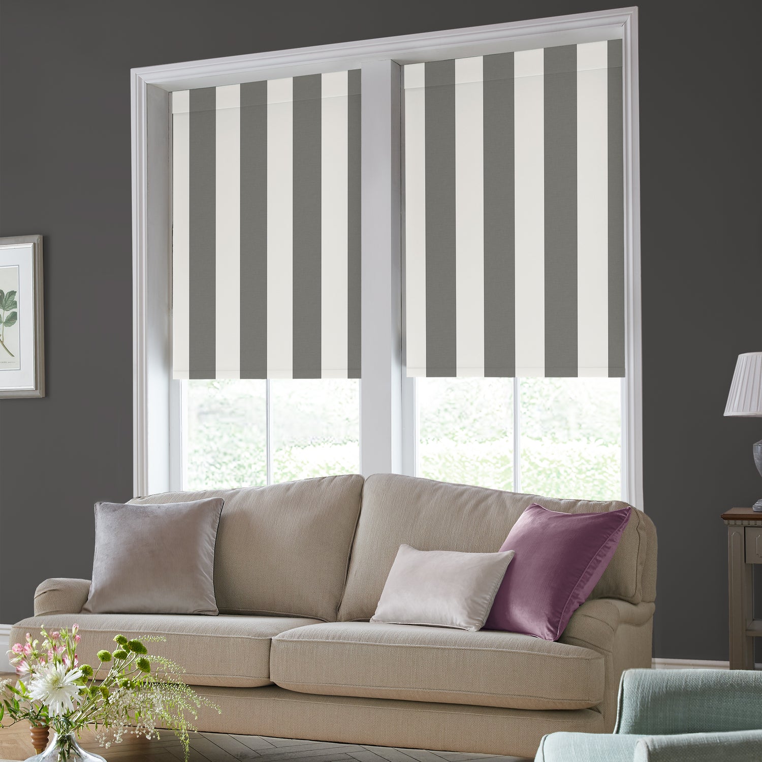 Laura Ashley Lille Stripe Translucent Made to Measure Roller Blind Steel