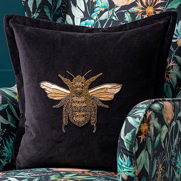 Voyage Maison Layla Embroidered Velvet Feather Filled Cushion 50cm x 50cm Black
