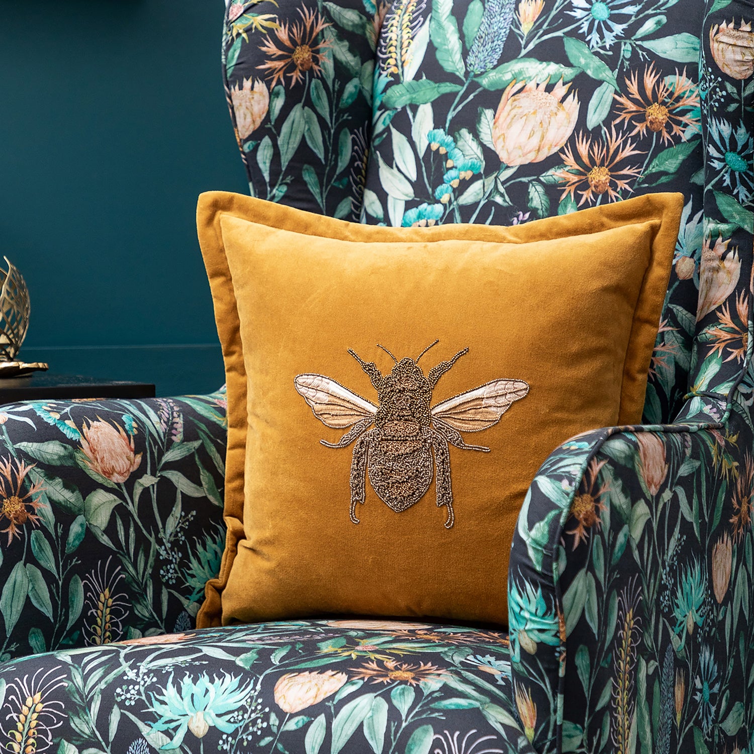 Voyage Maison Layla Embroidered Velvet Feather Filled Cushion 50cm x 50cm Mustard