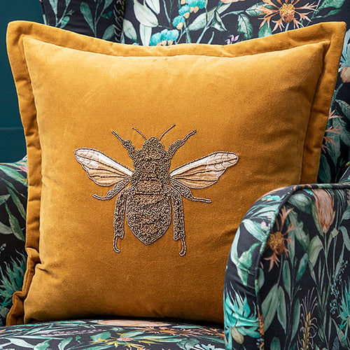 Voyage Maison Layla Embroidered Velvet Feather Filled Cushion 50cm x 50cm Mustard