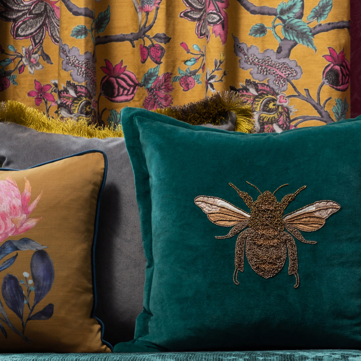 Voyage Maison Layla Embroidered Velvet Feather Filled Cushion 50cm x 50cm Teal
