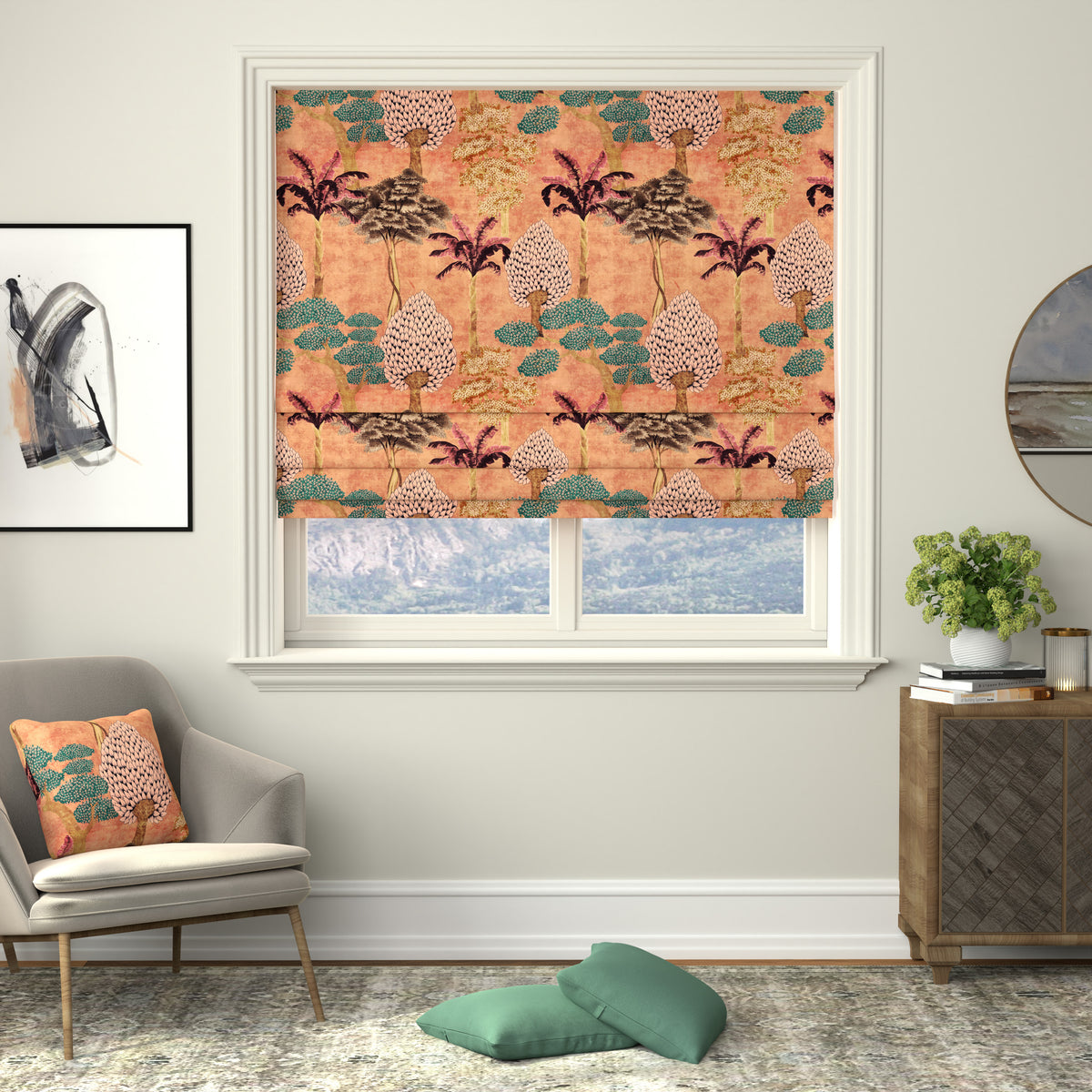 Linda Barker Cloud Tree Velvet Print Made to Measure Roman Blind Peach