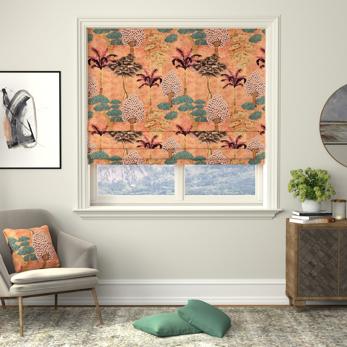 Linda Barker Cloud Tree Velvet Print Made to Measure Roman Blind Peach