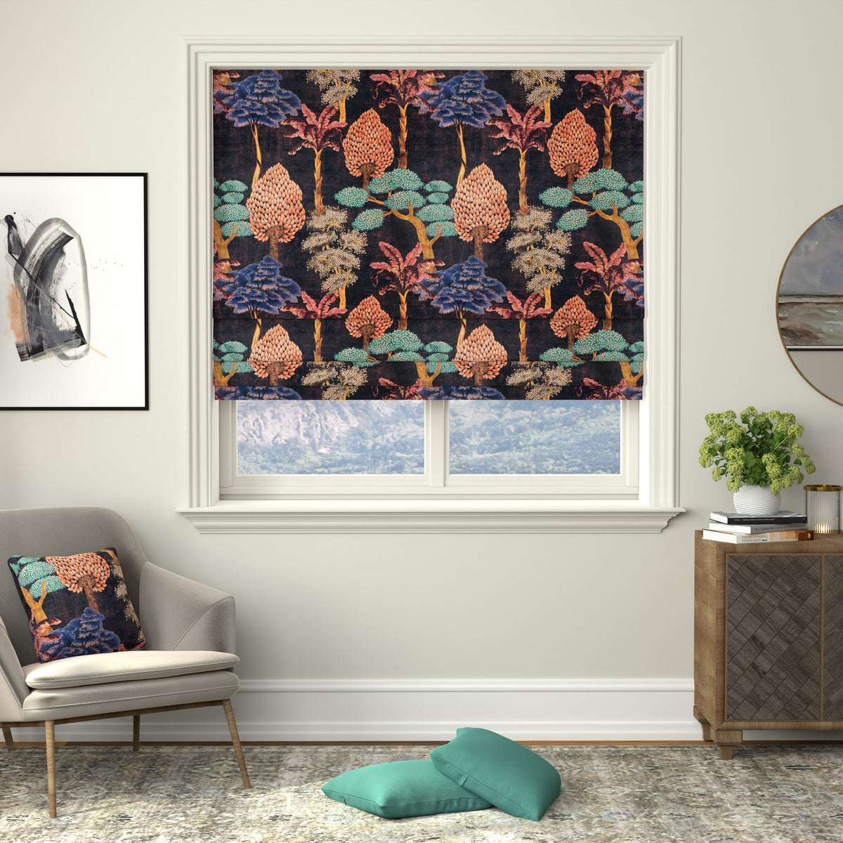 Linda Barker Cloud Tree Velvet Print Made to Measure Roman Blind Pewter