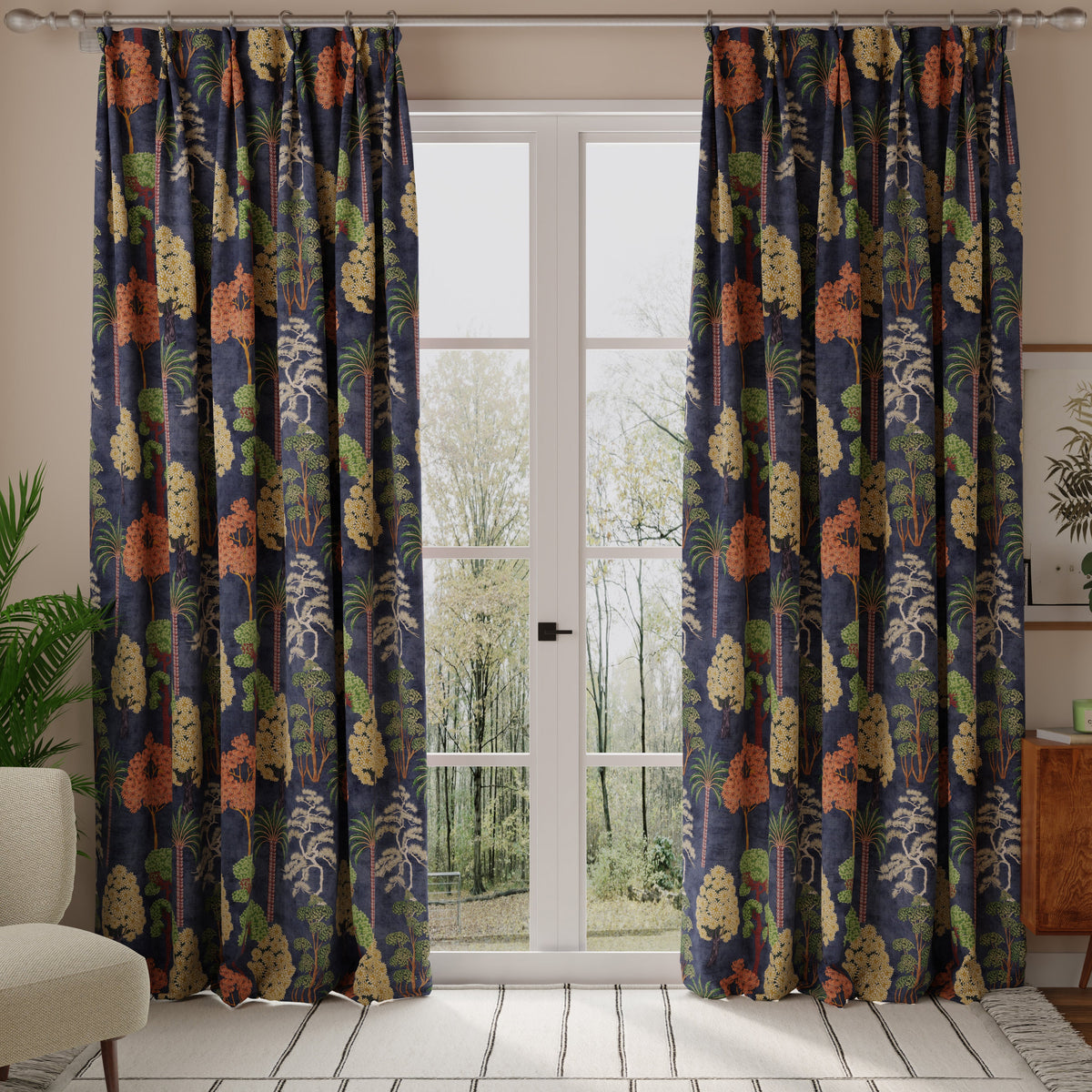 Linda Barker Bonsai Garden Velvet Print Fabric Blue