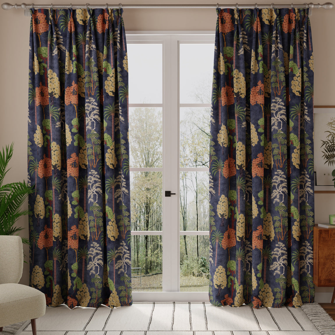 Linda Barker Bonsai Garden Velvet Print Fabric Blue