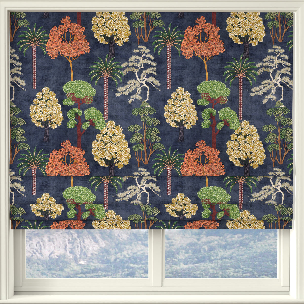 Linda Barker Bonsai Garden Velvet Print Made to Measure Roman Blind Blue
