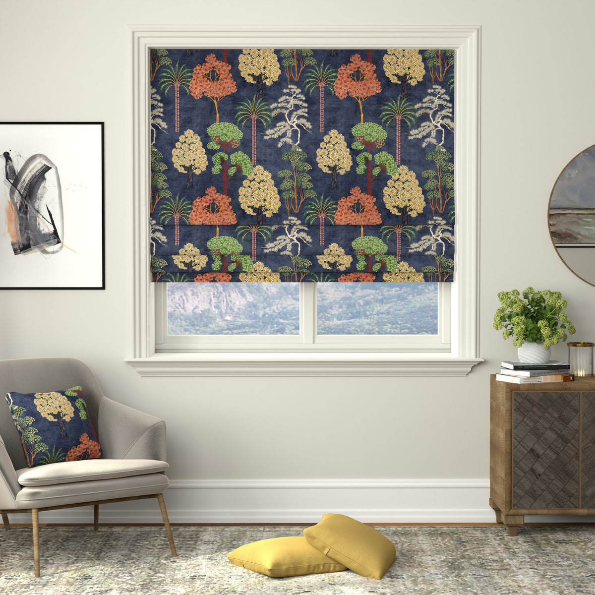 Linda Barker Bonsai Garden Velvet Print Made to Measure Roman Blind Blue
