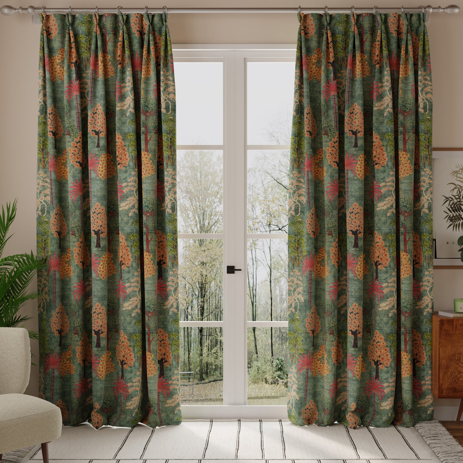 Linda Barker Bonsai Garden Velvet Print Made to Measure Curtain Green Grey