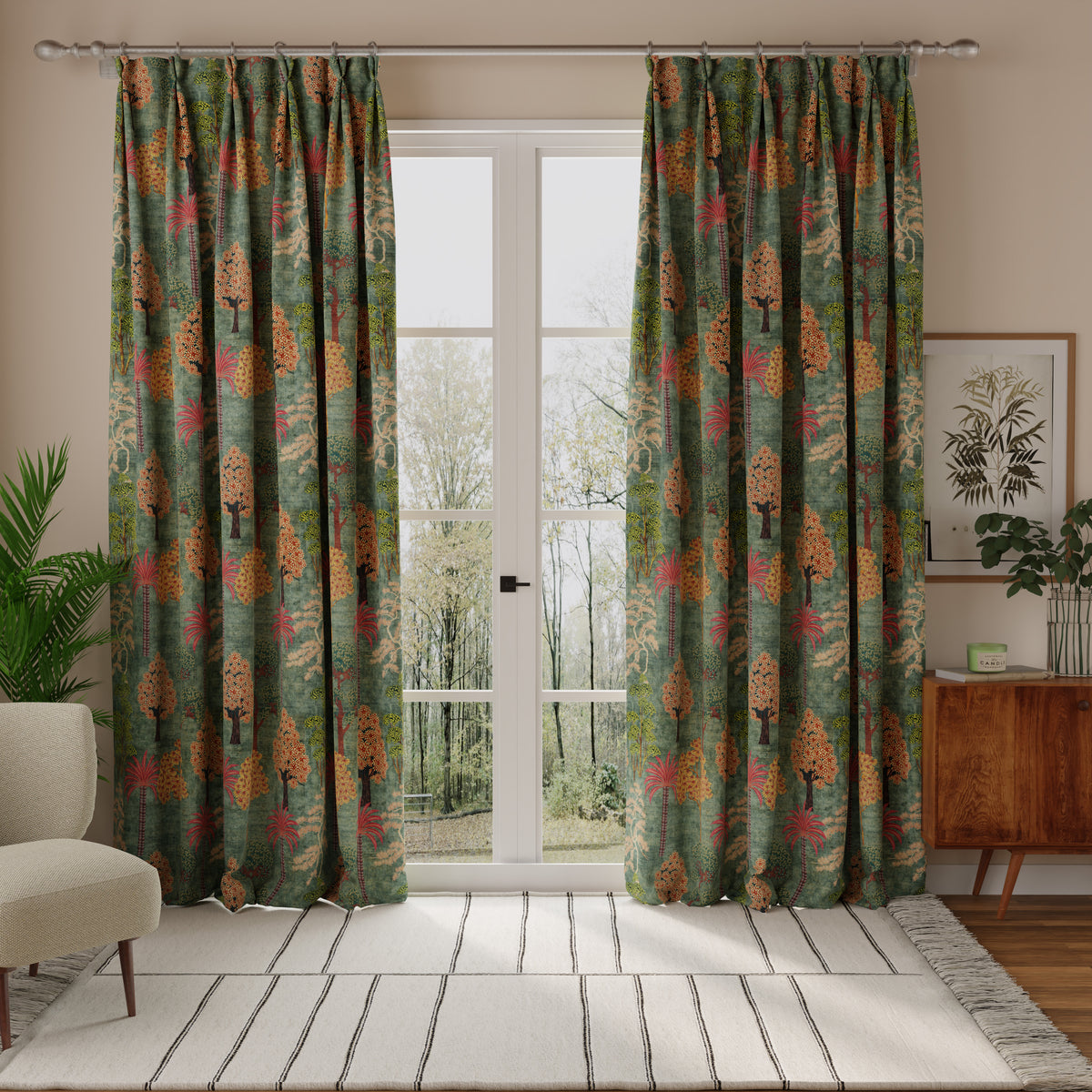 Linda Barker Bonsai Garden Velvet Print Made to Measure Curtain Green Grey
