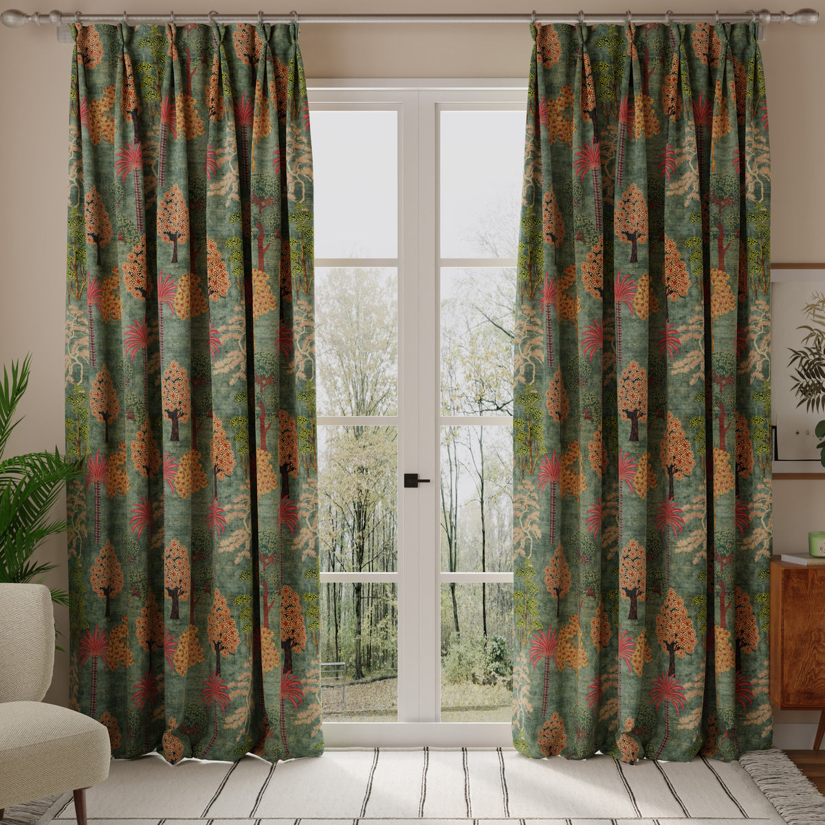 Linda Barker Bonsai Garden Velvet Print Fabric Green Grey