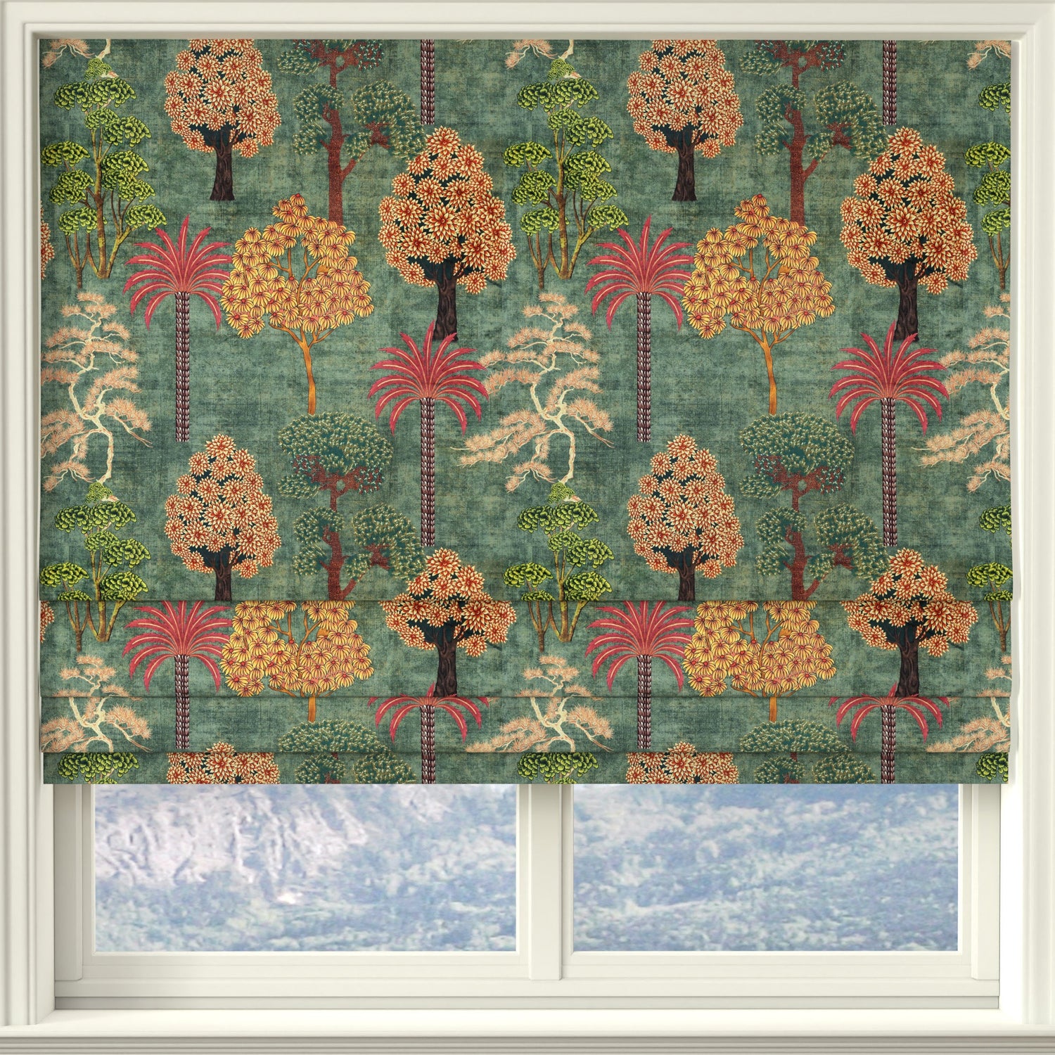 Linda Barker Bonsai Garden Velvet Print Fabric Green Grey