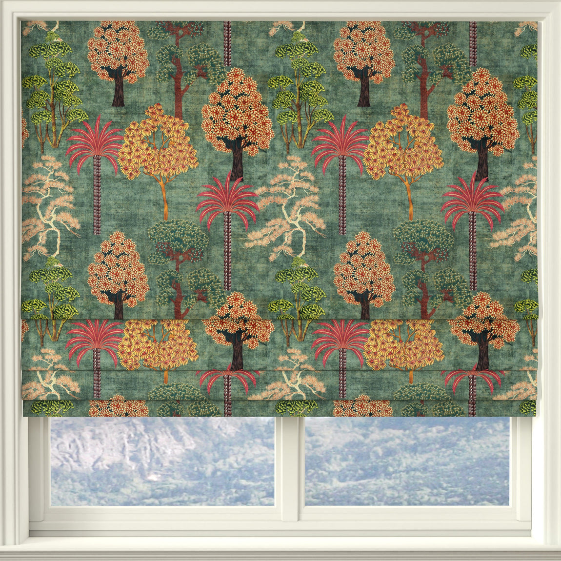 Linda Barker Bonsai Garden Velvet Print Fabric Green Grey