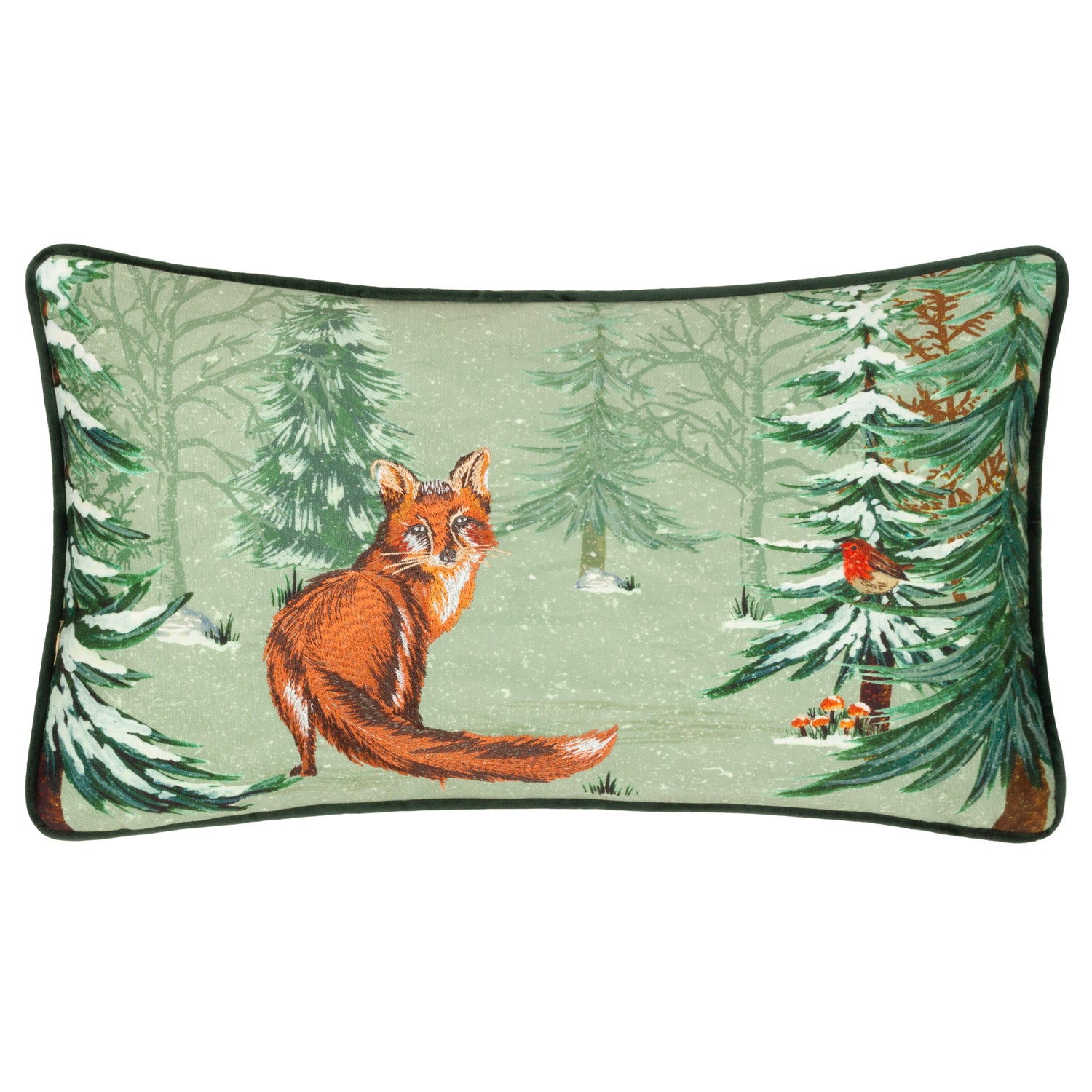 Lodge Wood Fox Embroidered 30cm x 50cm Filled Boudoir Oak Green