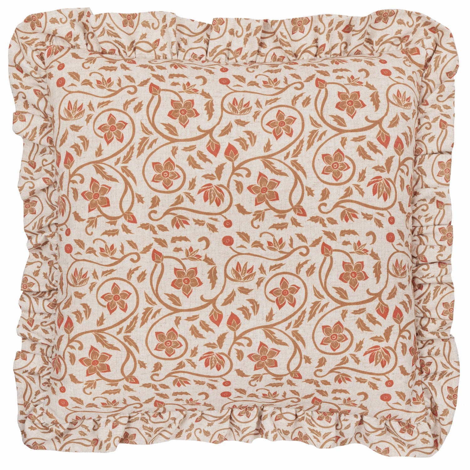 Paoletti Seventy Three Linen Filigree Printed Ruffle 50cm x 50cm Filled Cushion Linen Ochre
