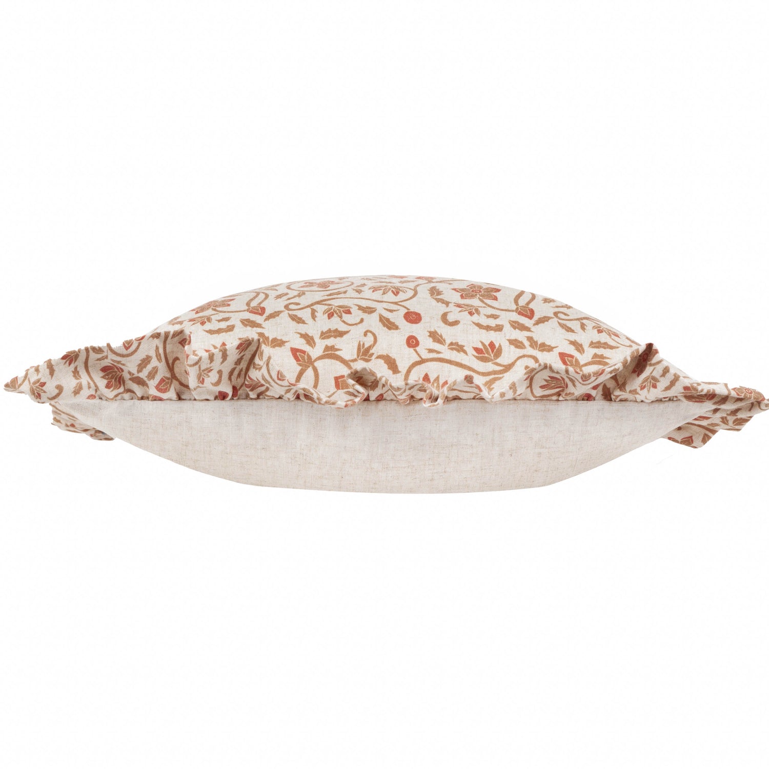 Paoletti Seventy Three Linen Filigree Printed Ruffle 50cm x 50cm Filled Cushion Linen Ochre