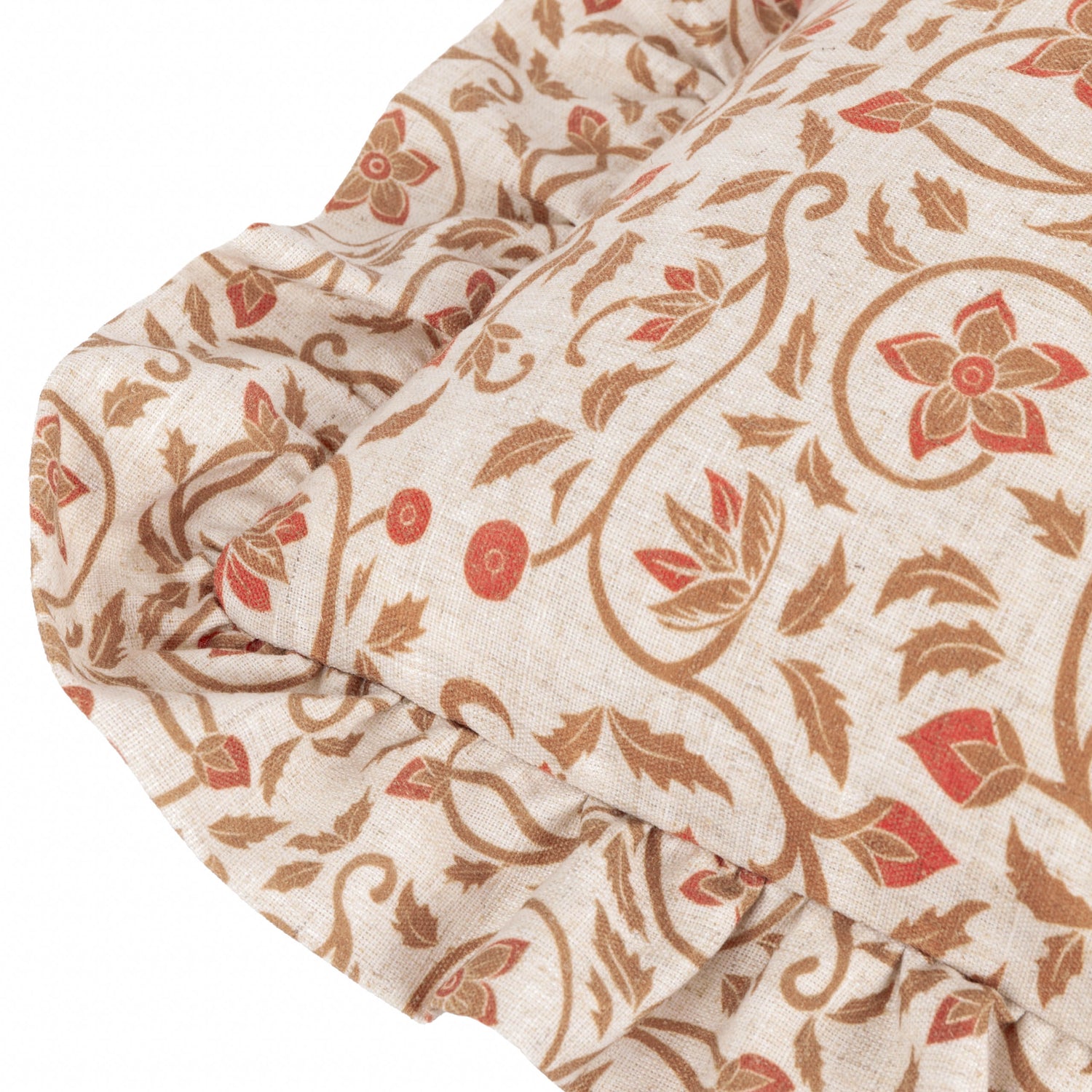 Paoletti Seventy Three Linen Filigree Printed Ruffle 50cm x 50cm Filled Cushion Linen Ochre