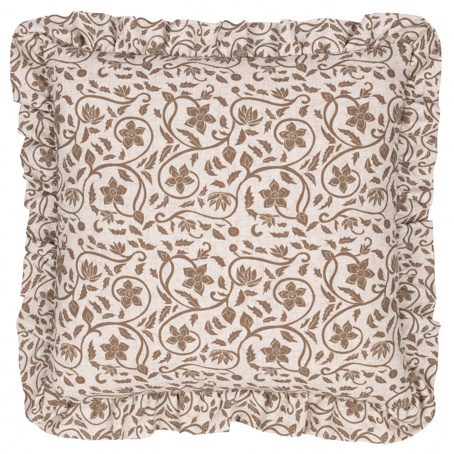 Paoletti Seventy Three Linen Filigree Printed Ruffle 50cm x 50cm Filled Cushion Linen Olive