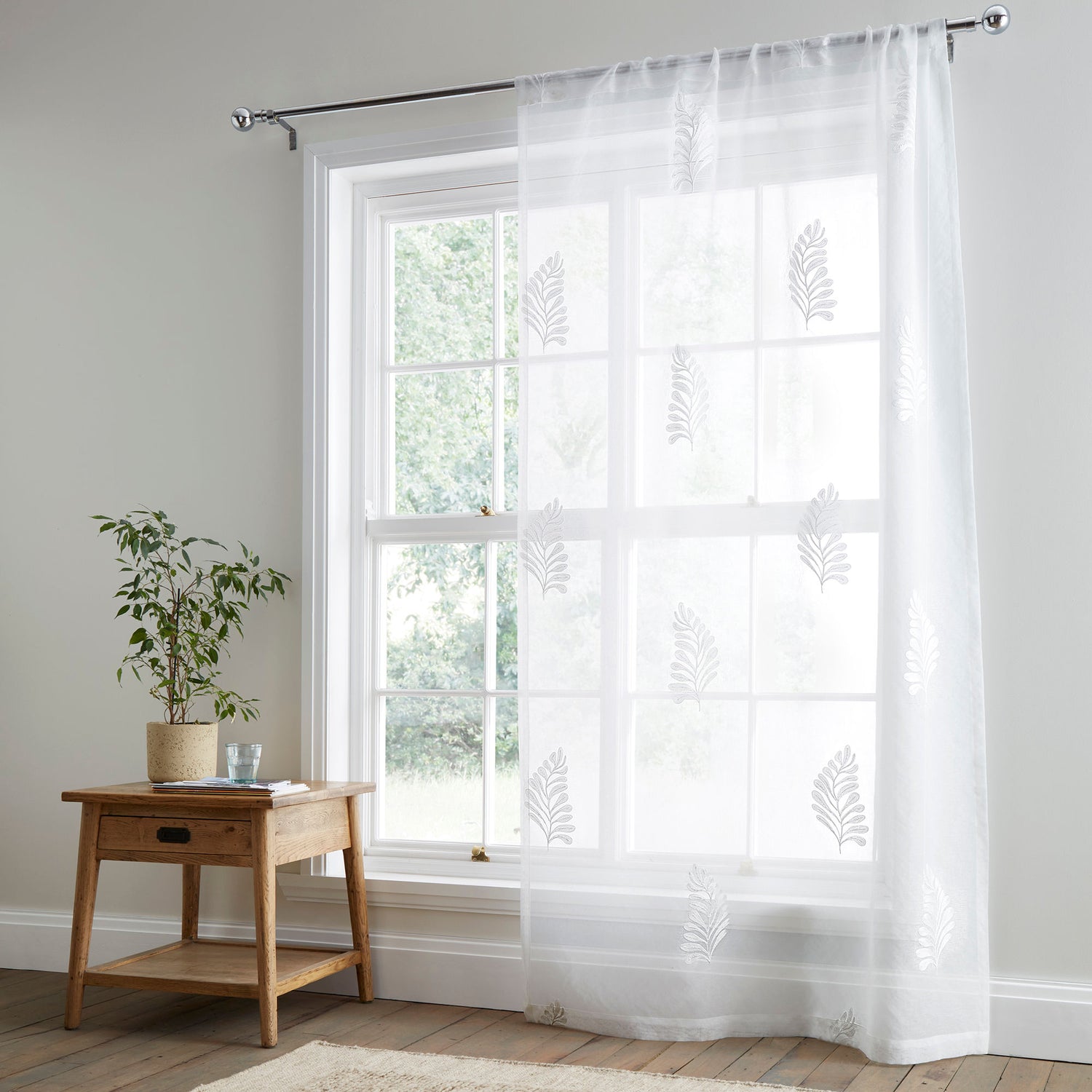 Appletree Leaf Embroidery Slot Top Ready Made Single Voile Panel White