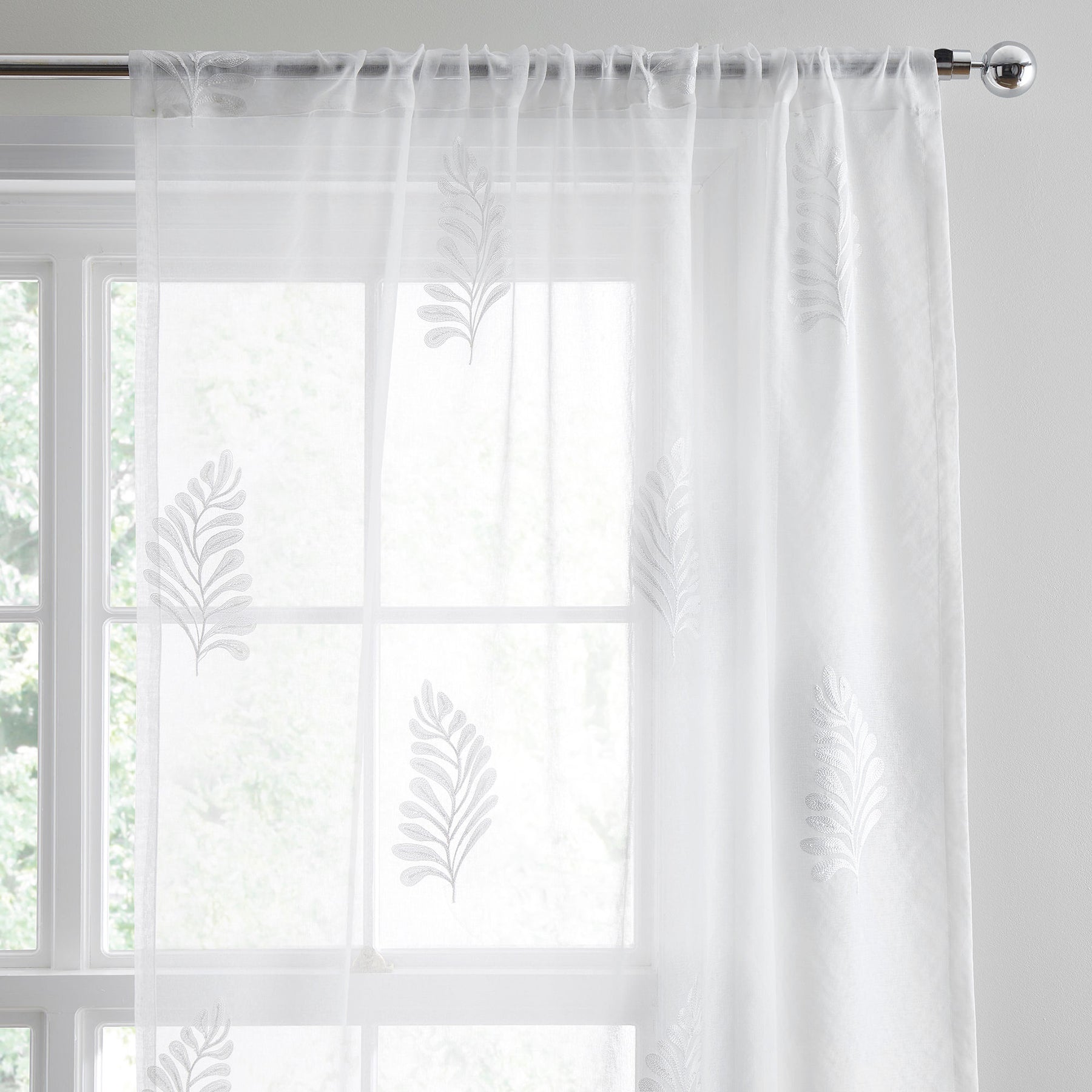 Appletree Leaf Embroidery Slot Top Ready Made Single Voile Panel White