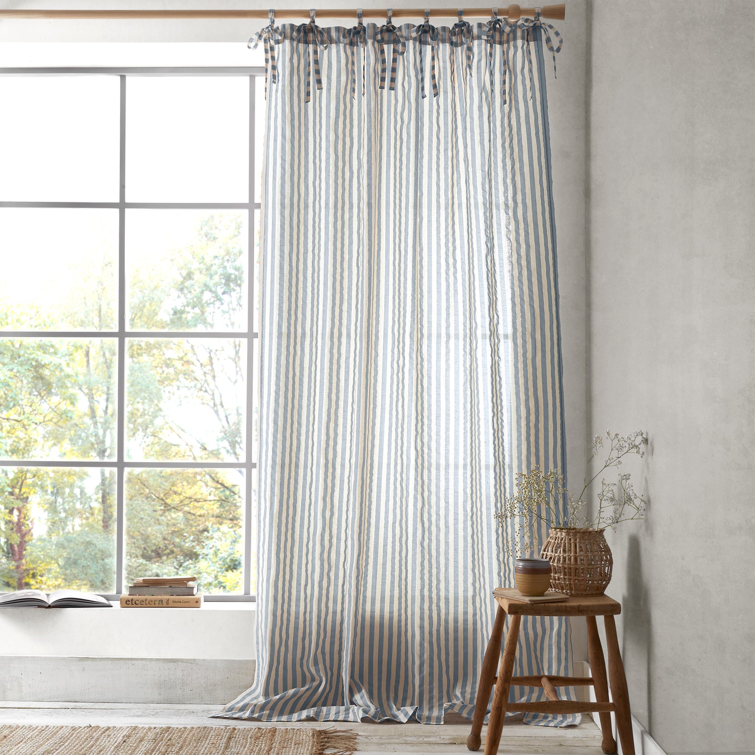 Pineapple Elephant Zanzibar Yarn Dyed Stripe Tie Top Panel Ready Made Single Voile Curtain Blue