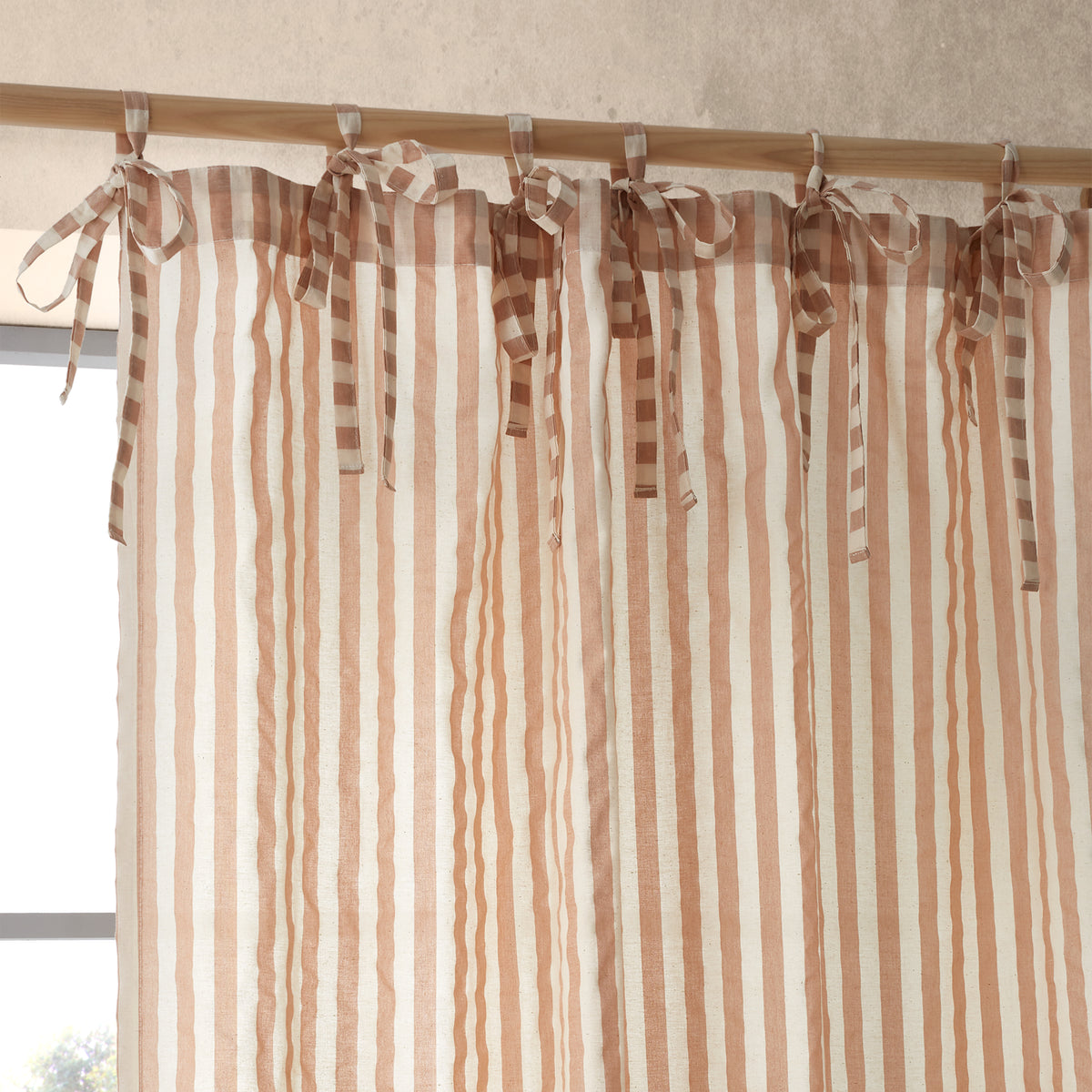 Pineapple Elephant Zanzibar Yarn Dyed Stripe Tie Top Panel Ready Made Single Voile Curtain Clay