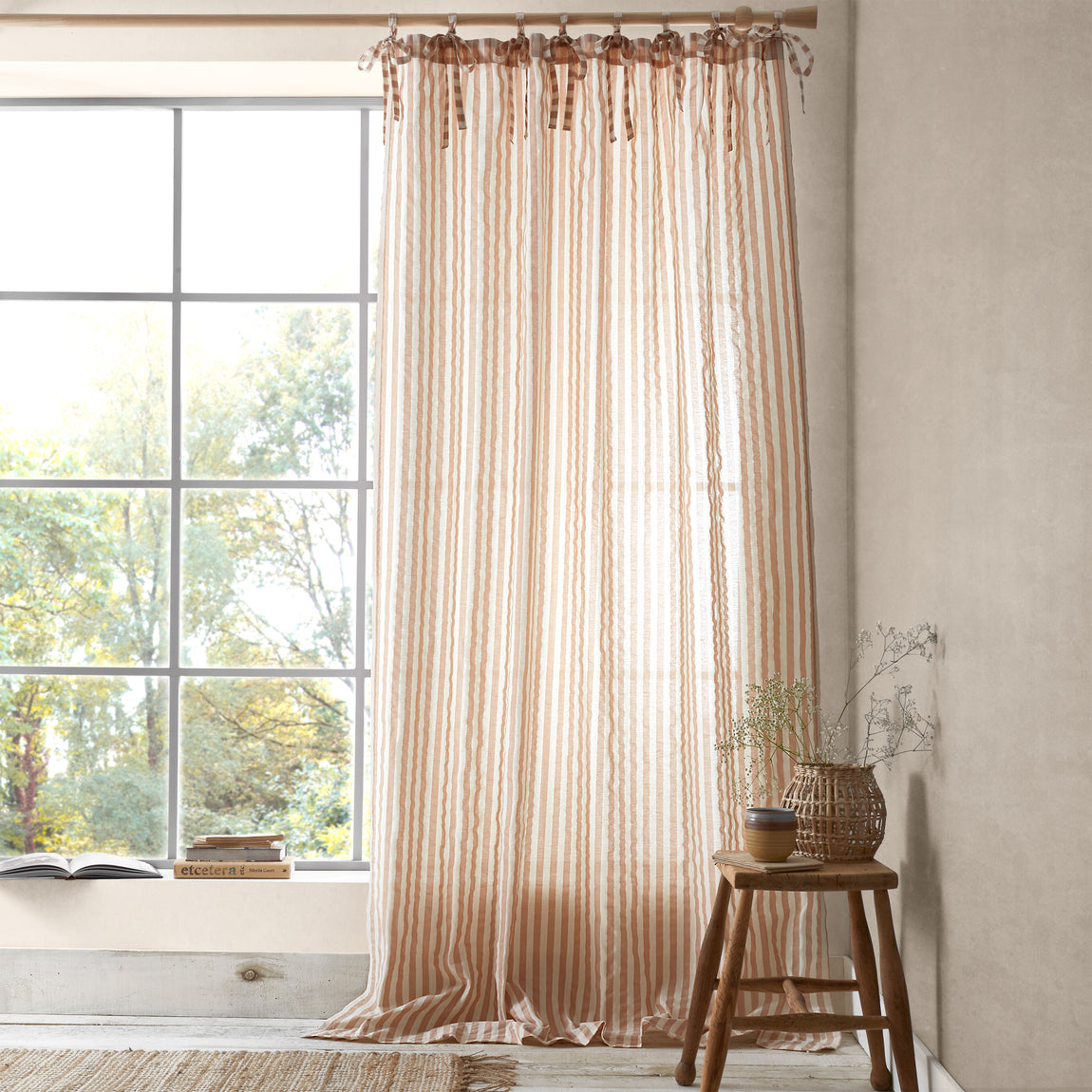 Pineapple Elephant Zanzibar Yarn Dyed Stripe Tie Top Panel Ready Made Single Voile Curtain Clay