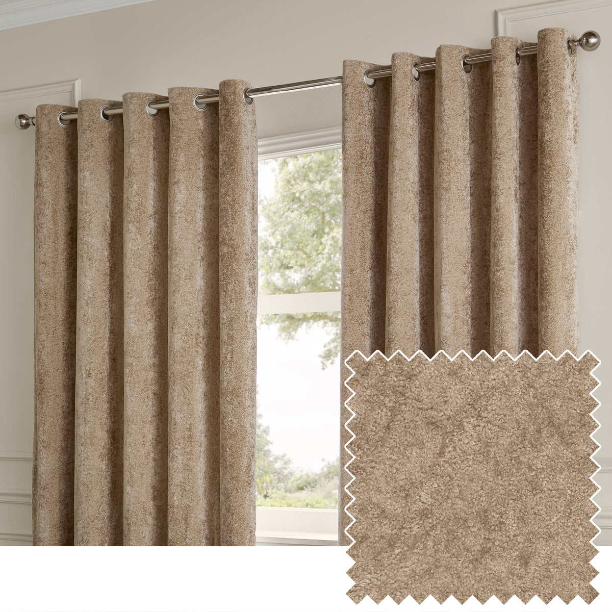 Paoletti Lustre Velvet Ready Made Eyelet Curtains Champagne