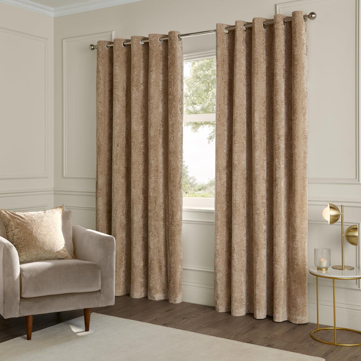 Paoletti Lustre Velvet Ready Made Eyelet Curtains Champagne