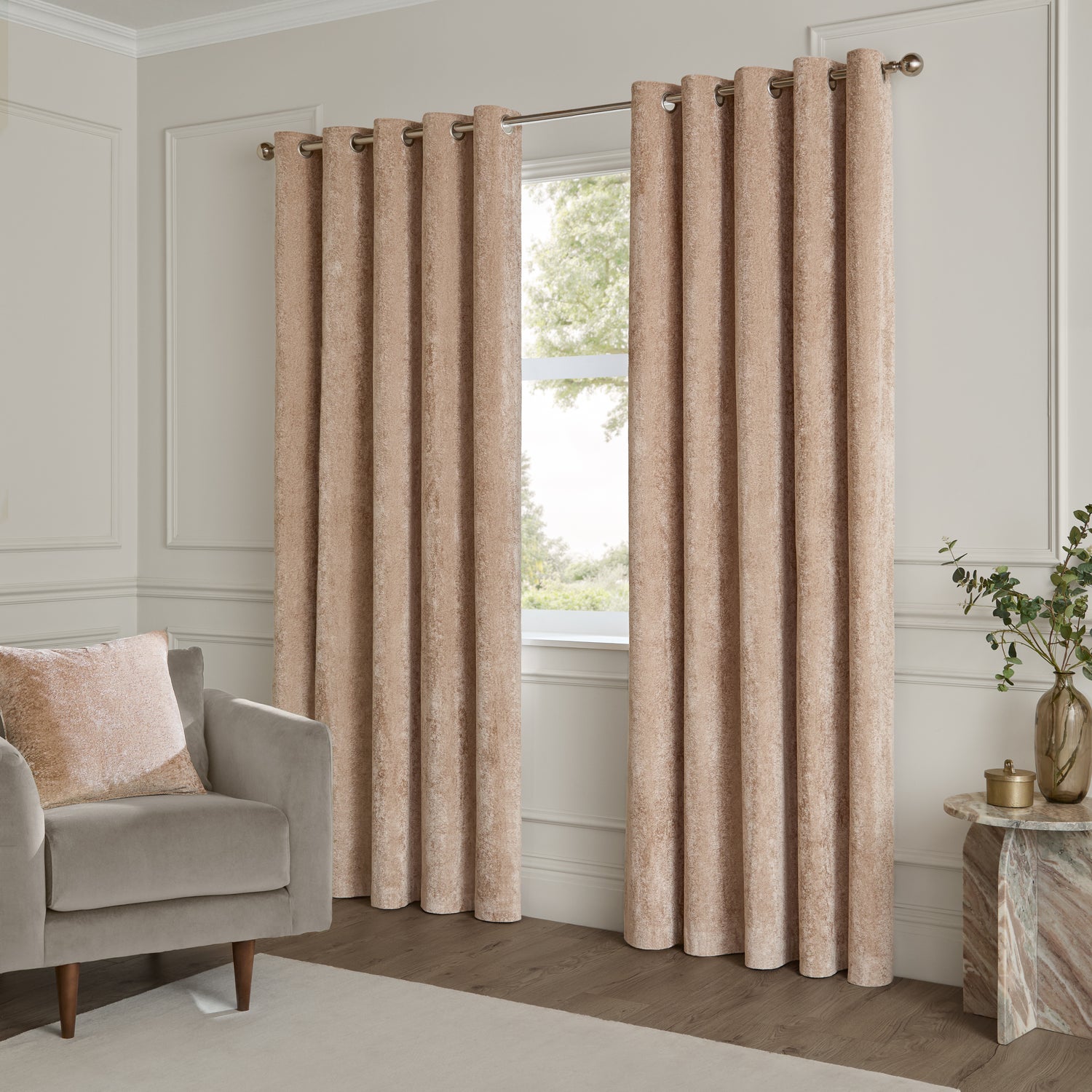 Paoletti Lustre Velvet Ready Made Eyelet Curtains Oyster