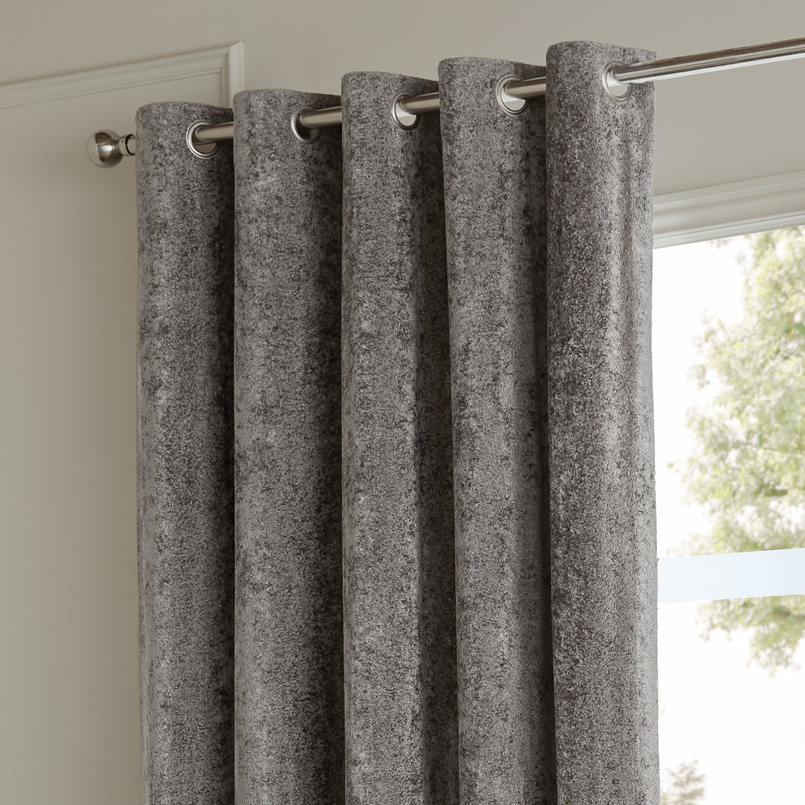 Paoletti Lustre Velvet Ready Made Eyelet Curtains Pewter