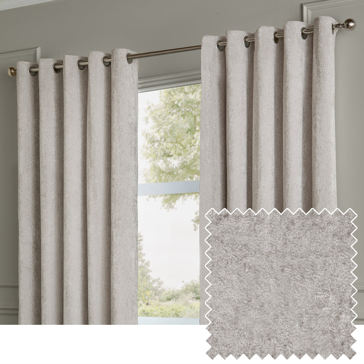 Paoletti Lustre Velvet Ready Made Eyelet Curtains Silver