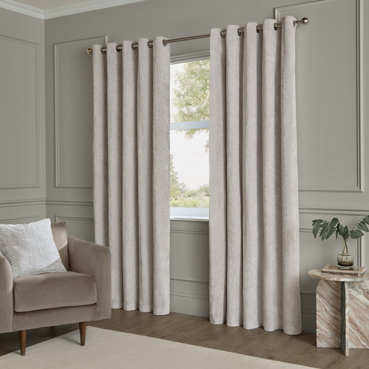Paoletti Lustre Velvet Ready Made Eyelet Curtains Silver