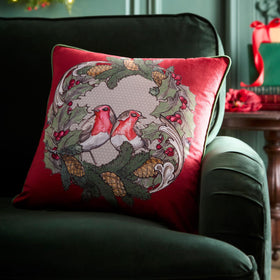 Laurence Llewelyn-Bowen Festive Robin Velvet Filled Cushion 43cm x 43cm Red