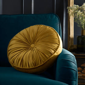 Laurence Llewelyn-Bowen Round Velvet Pleat Filled Cushion 40cm Ochre