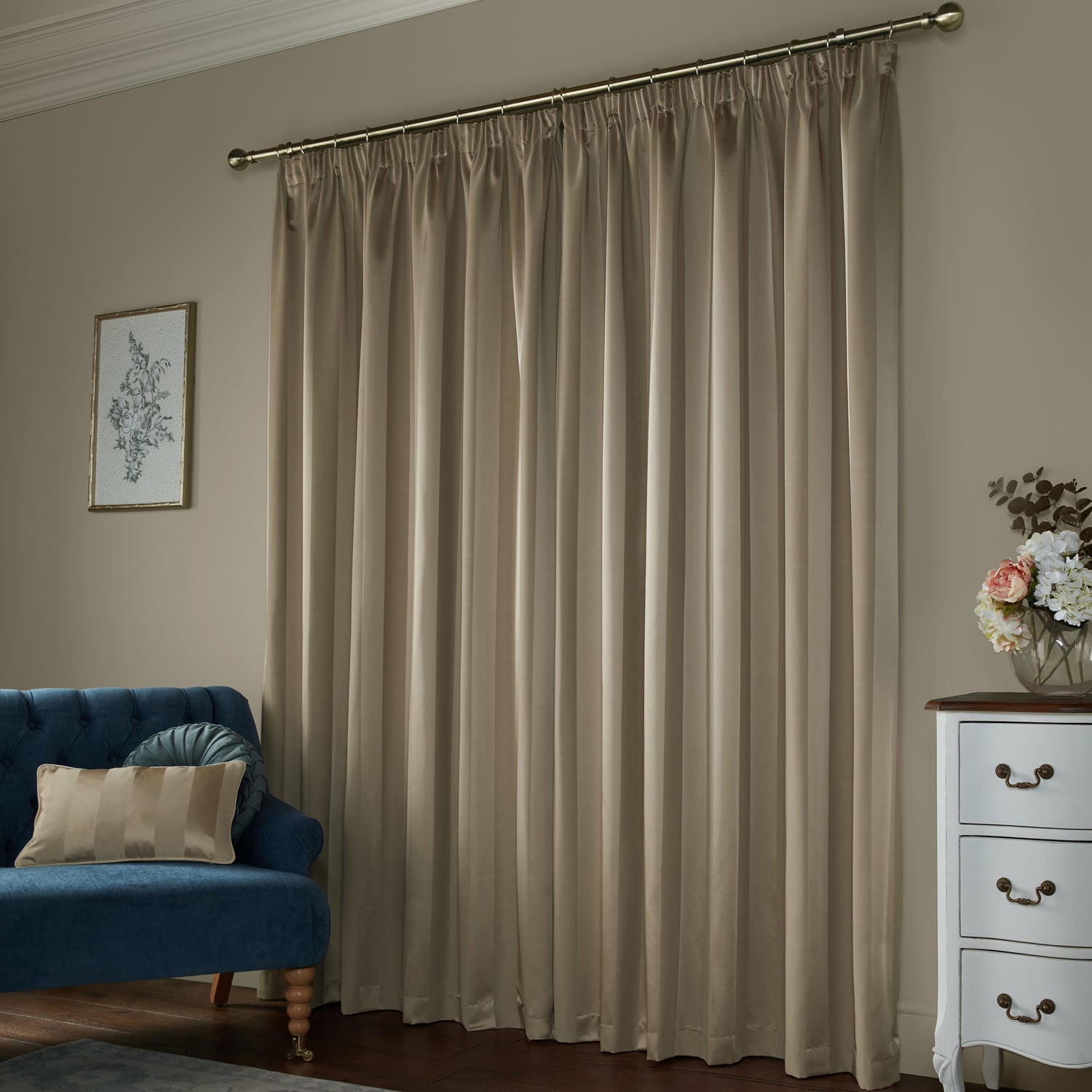 Laura Ashley Lille Stripe Ready Made Pencil Pleat Curtains Truffle Natural