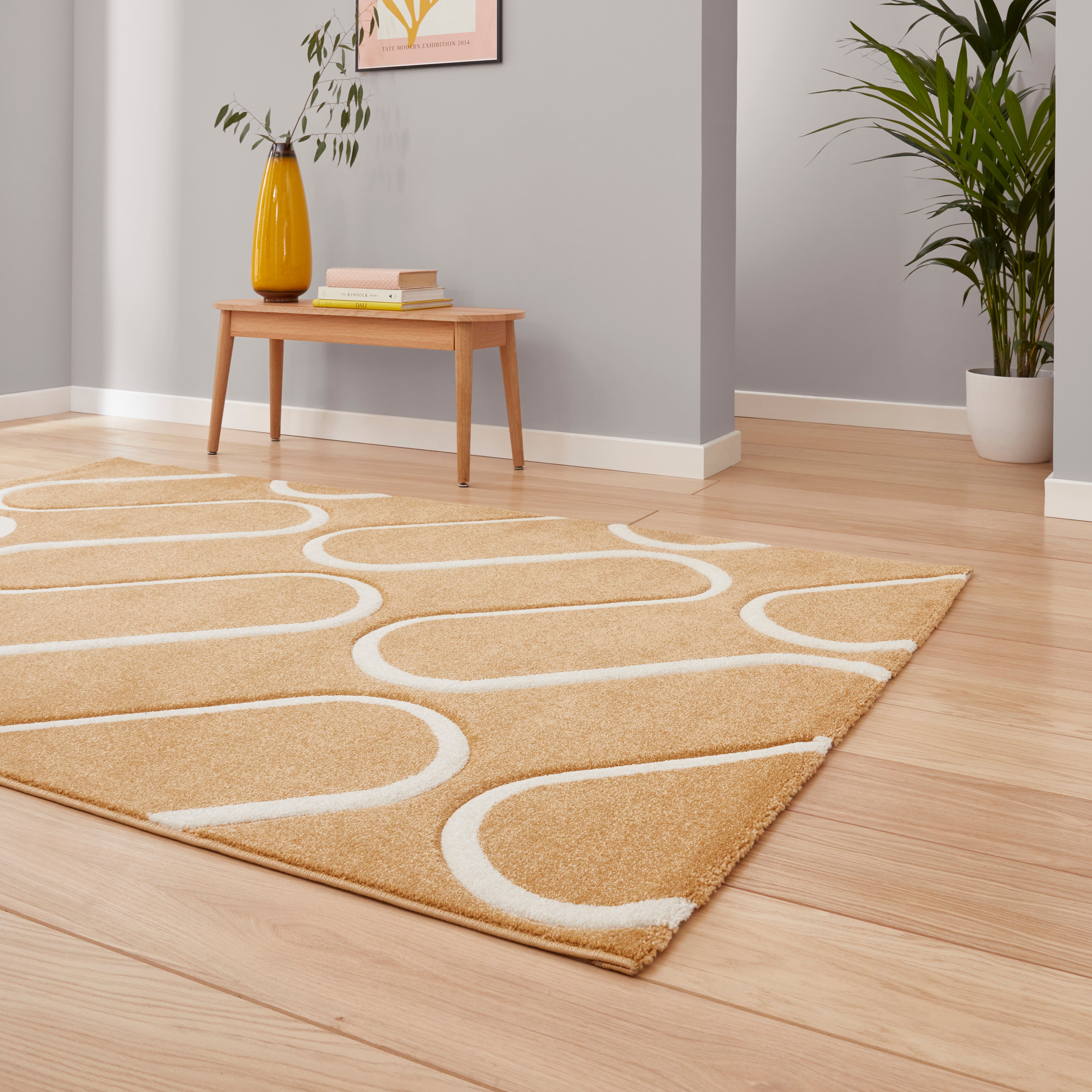Curvilinear Rug Pattern Catherine Lansfield Linear Curve Modern Geometric Rug Ochre | Terrys