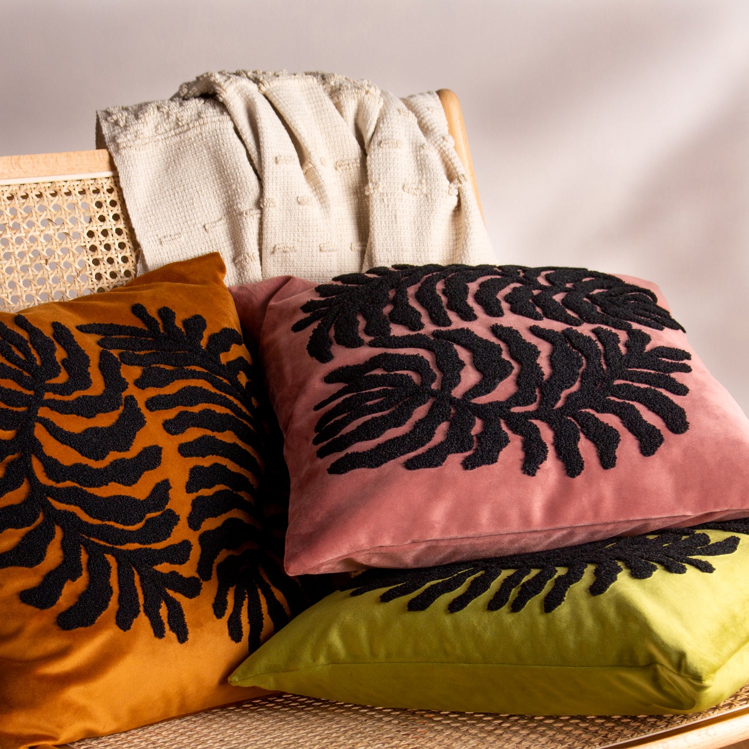 furn. Maldive Botanical Velvet Tufted 45cm x 45cm Filled Cushion Ginger