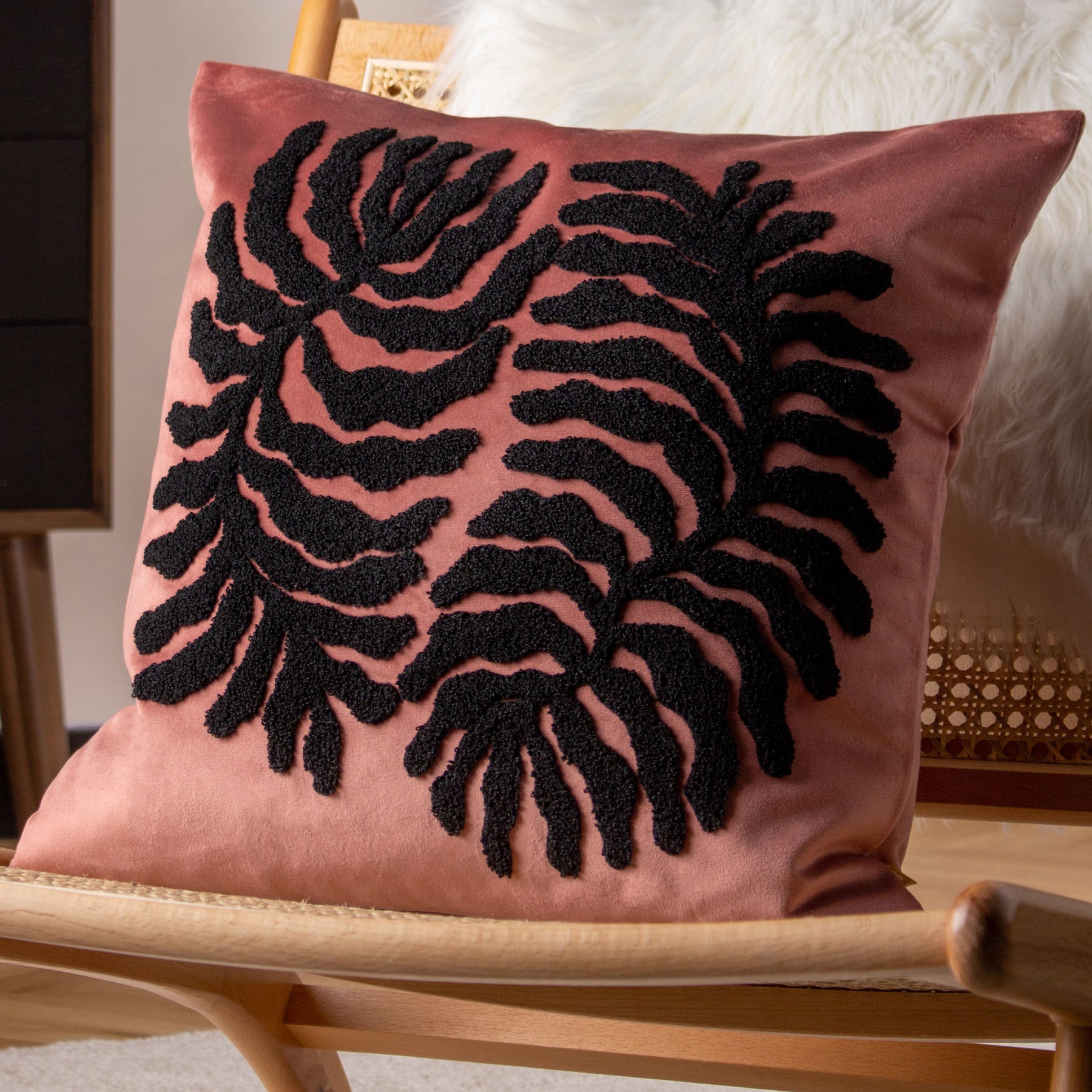 furn. Maldive Botanical Velvet Tufted 45cm x 45cm Filled Cushion Rustic Brown