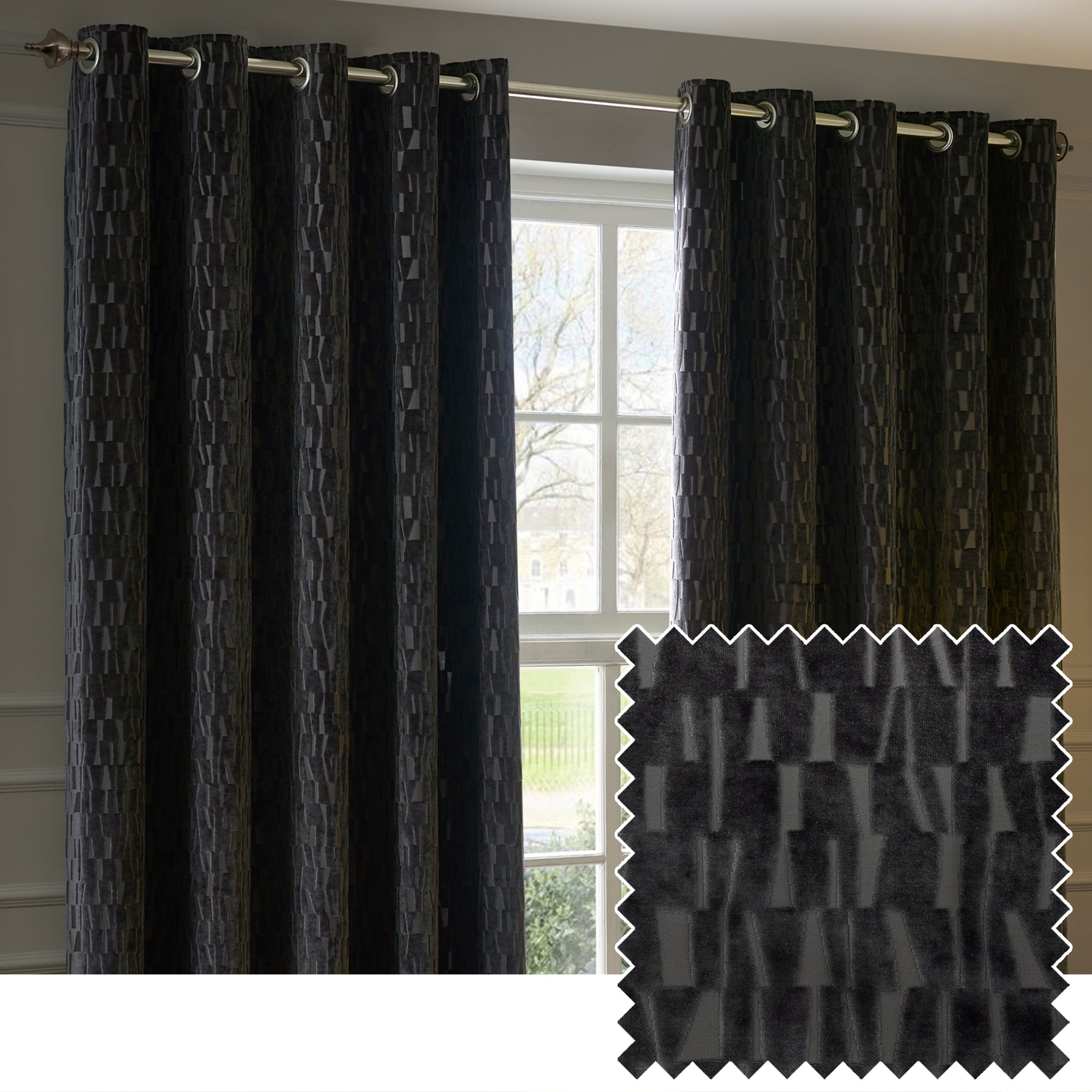 Paoletti Manhattan Velvet Ready Made Eyelet Blockout Curtains Charcoal